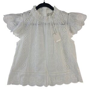 Jennifer & Grace White Eyelet Embroidered Ruffle Sleeve Button-Back Blouse Sz XS